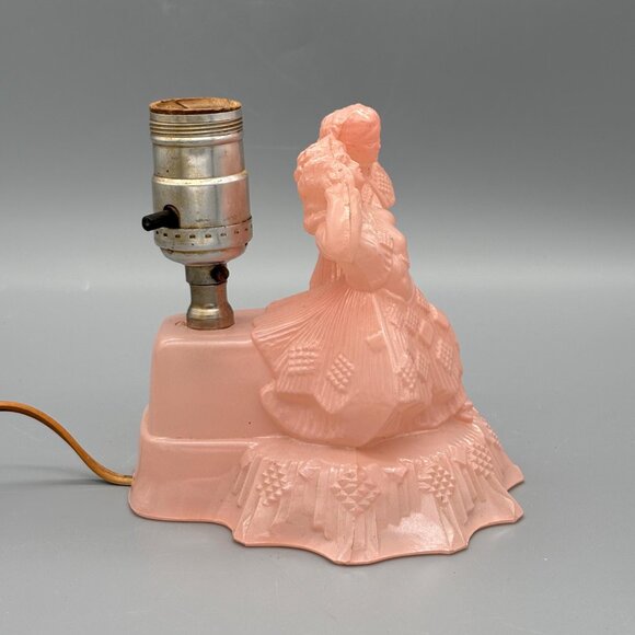 Vintage Art Deco Frosted Pink Glass Boudoir Lamp Couple Figurine Port Electric - Picture 3 of 8